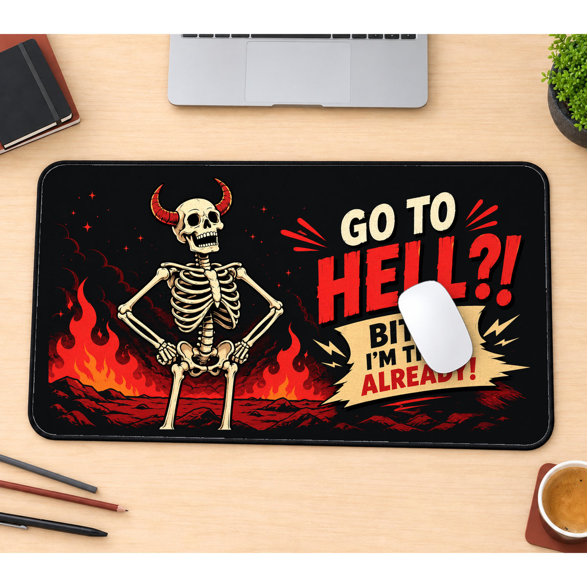 Sarcastic Skeleton in Flames desk mat — product mockup 1