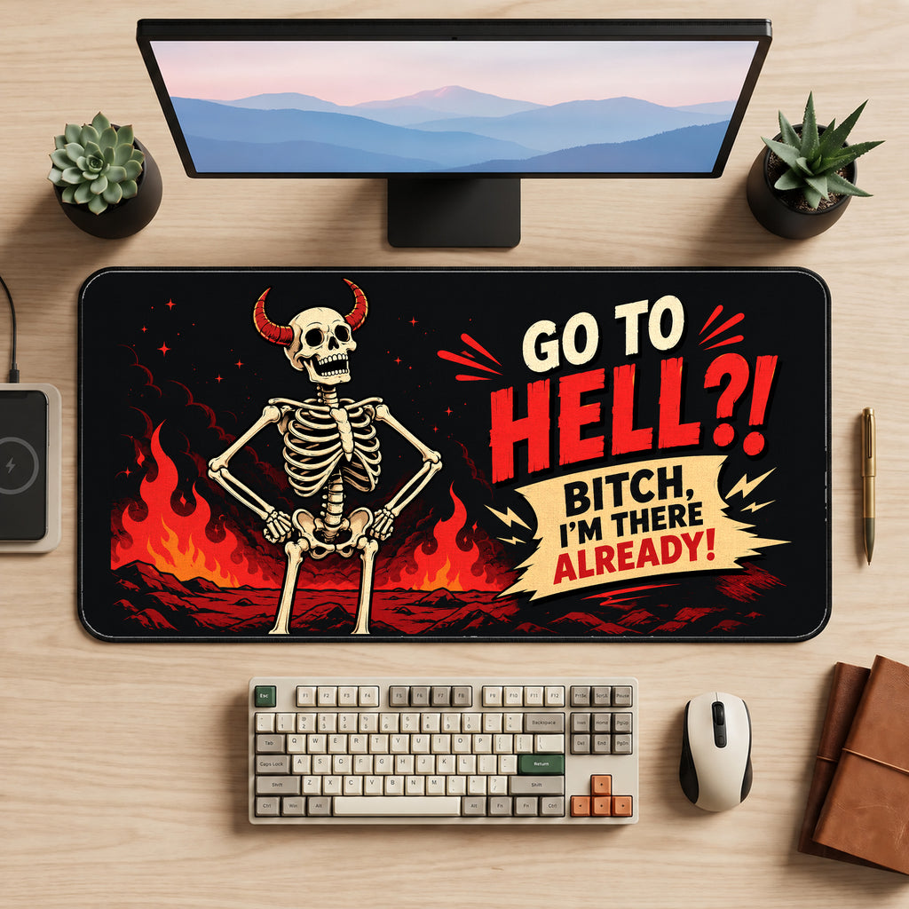 Sarcastic Skeleton in Flames desk mat — product mockup 2