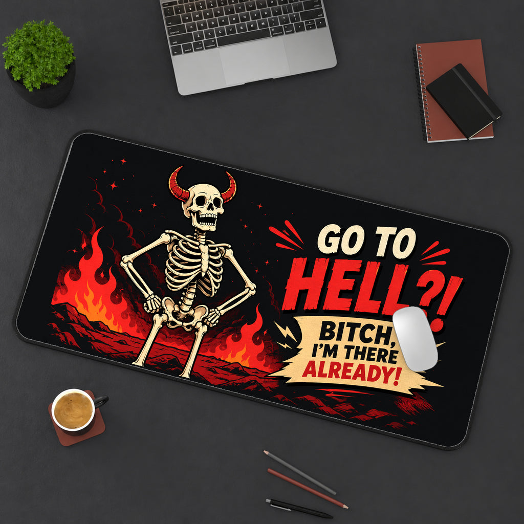 Sarcastic Skeleton in Flames desk mat — product mockup 3