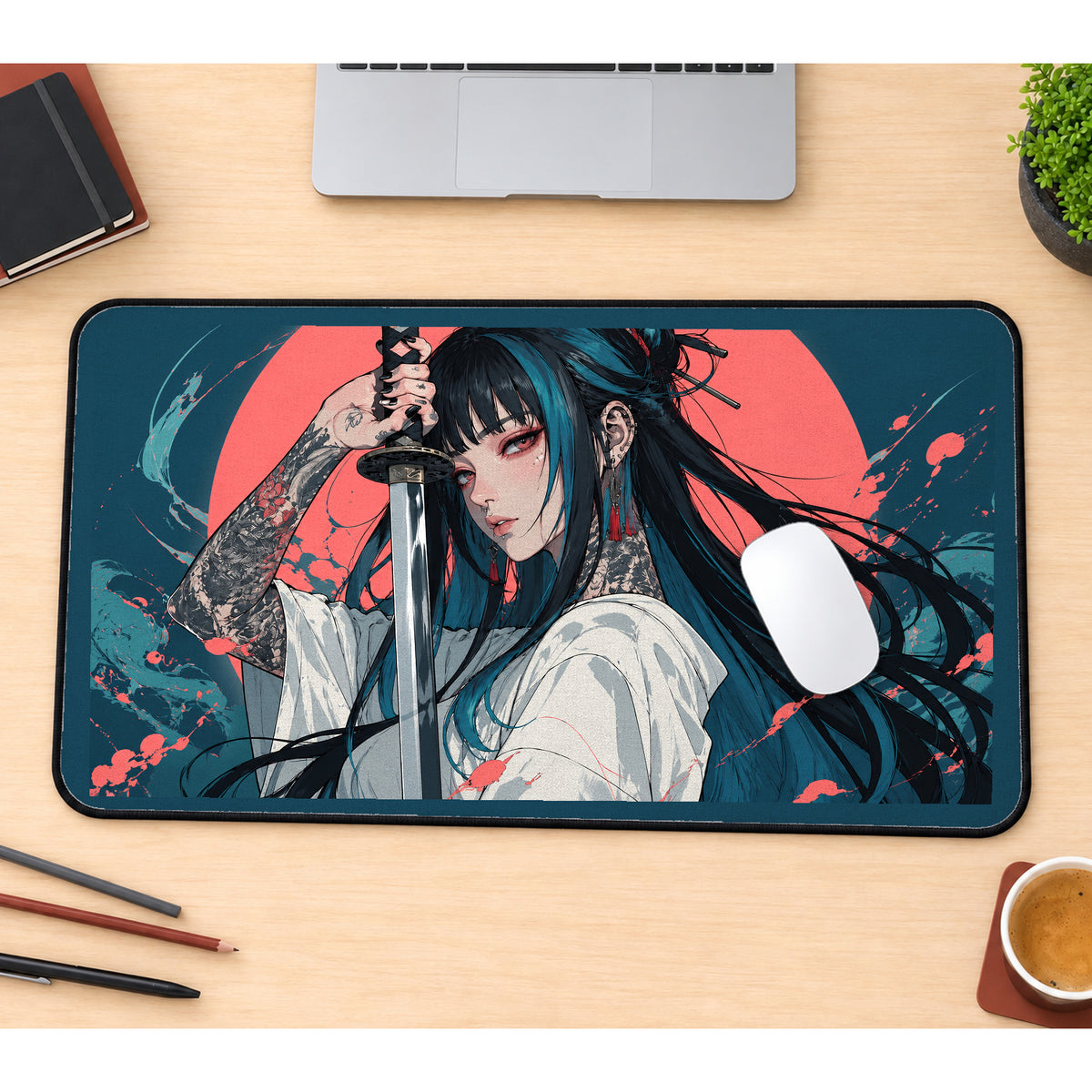 Anime Samurai Woman with Blossom Hair desk mat — product mockup 1