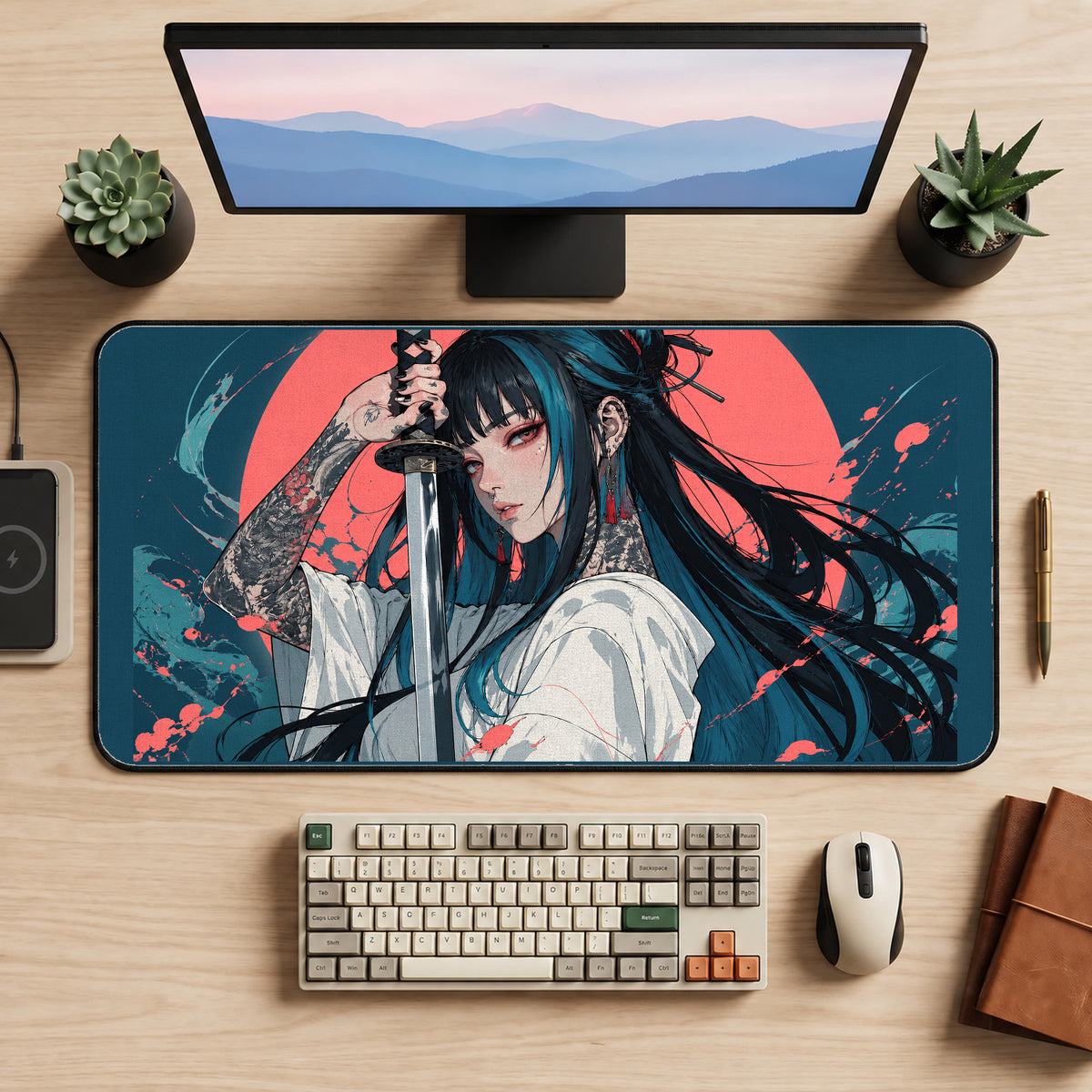 Anime Samurai Woman with Blossom Hair desk mat — product mockup 2
