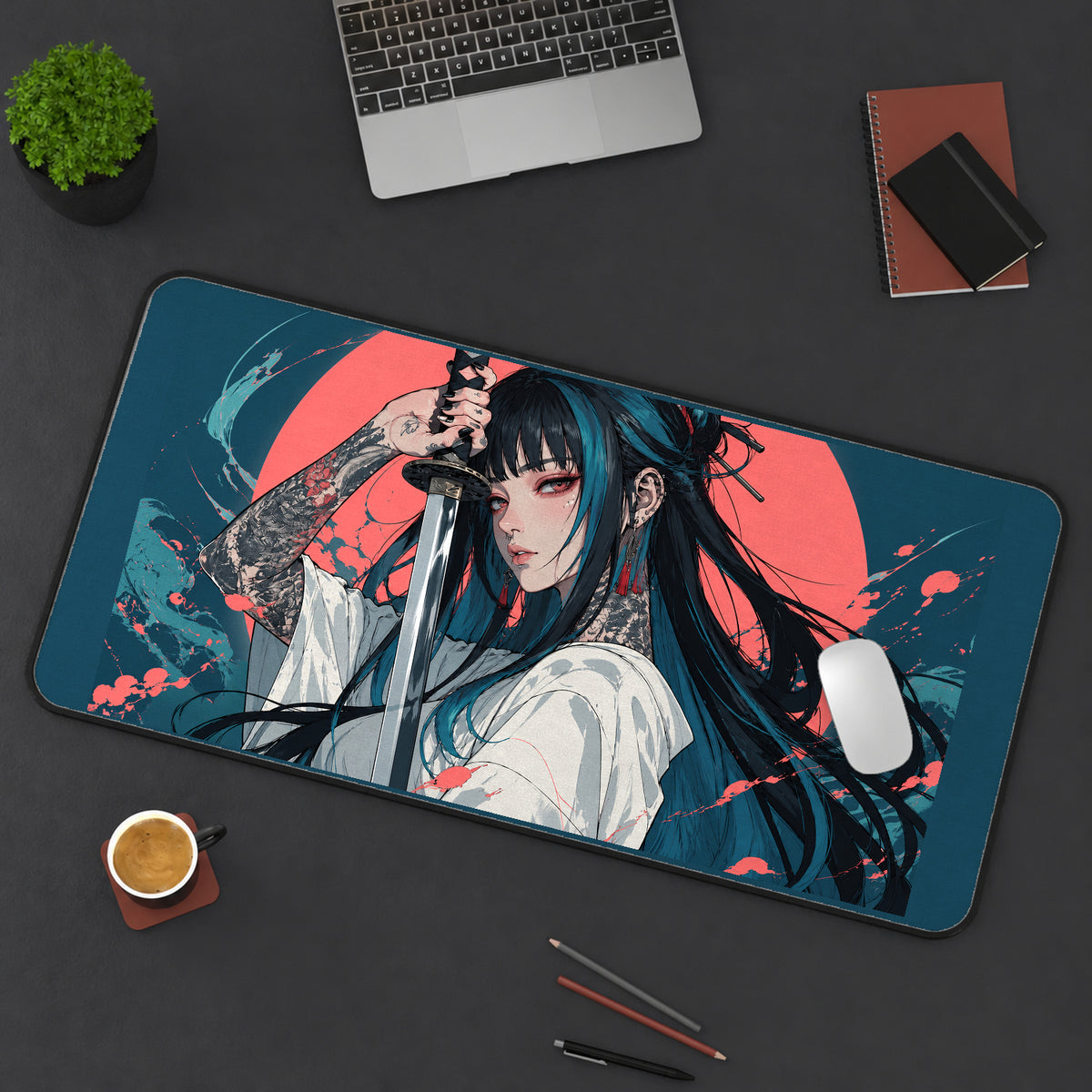 Anime Samurai Woman with Blossom Hair desk mat — product mockup 3