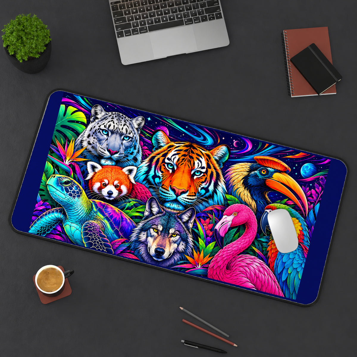 Rainbow Safari Animal Collage desk mat — product mockup 3
