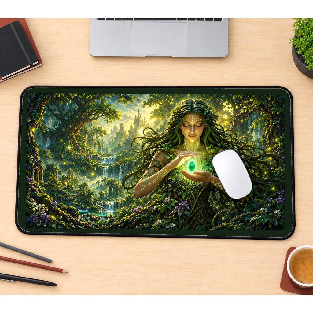 Woodland Fairy Holding a Green Orb desk mat — product mockup 1