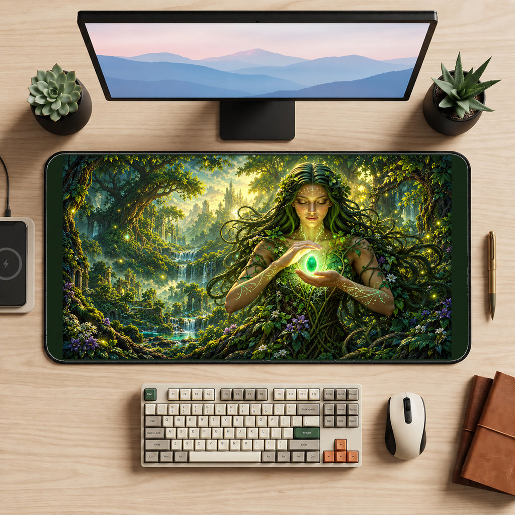 Woodland Fairy Holding a Green Orb desk mat — product mockup 2