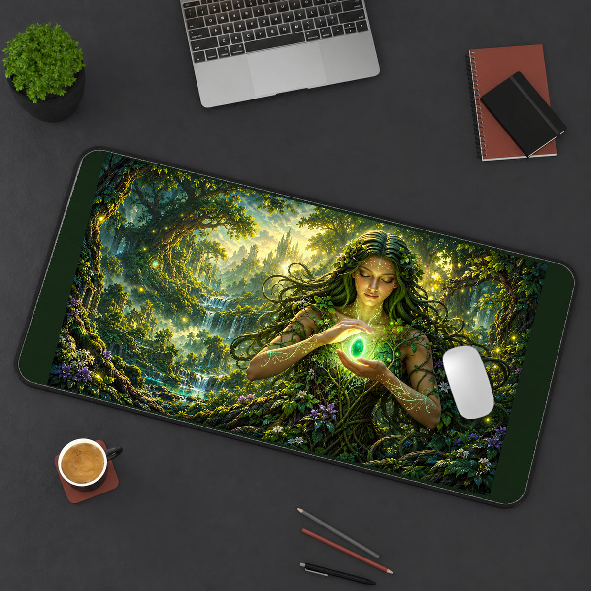 Woodland Fairy Holding a Green Orb desk mat — product mockup 3
