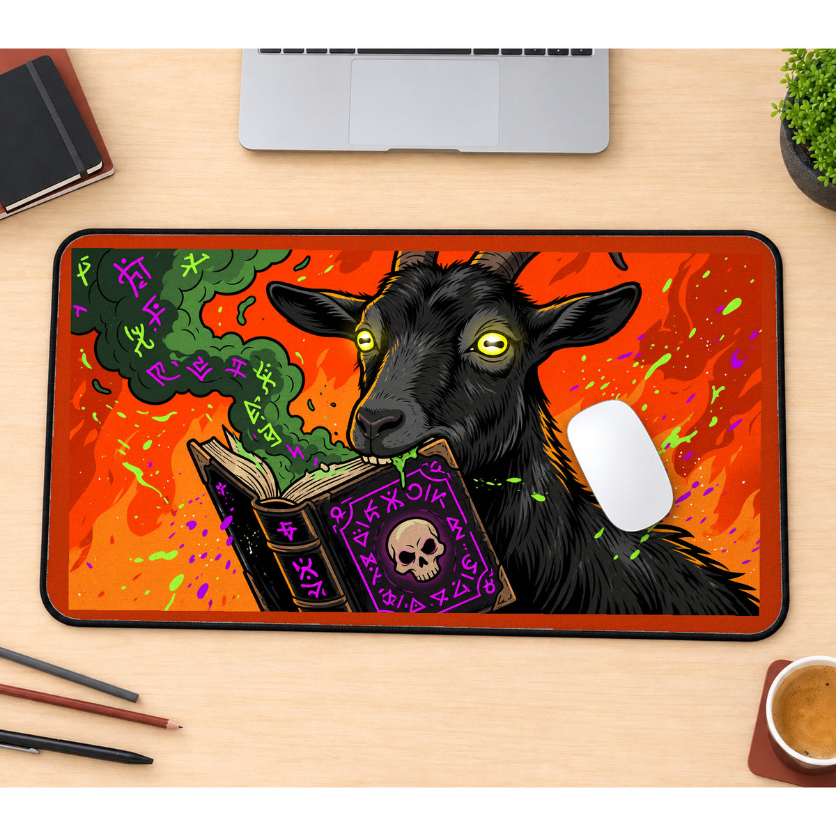 Black Goat Eating a Spellbook desk mat — product mockup 1