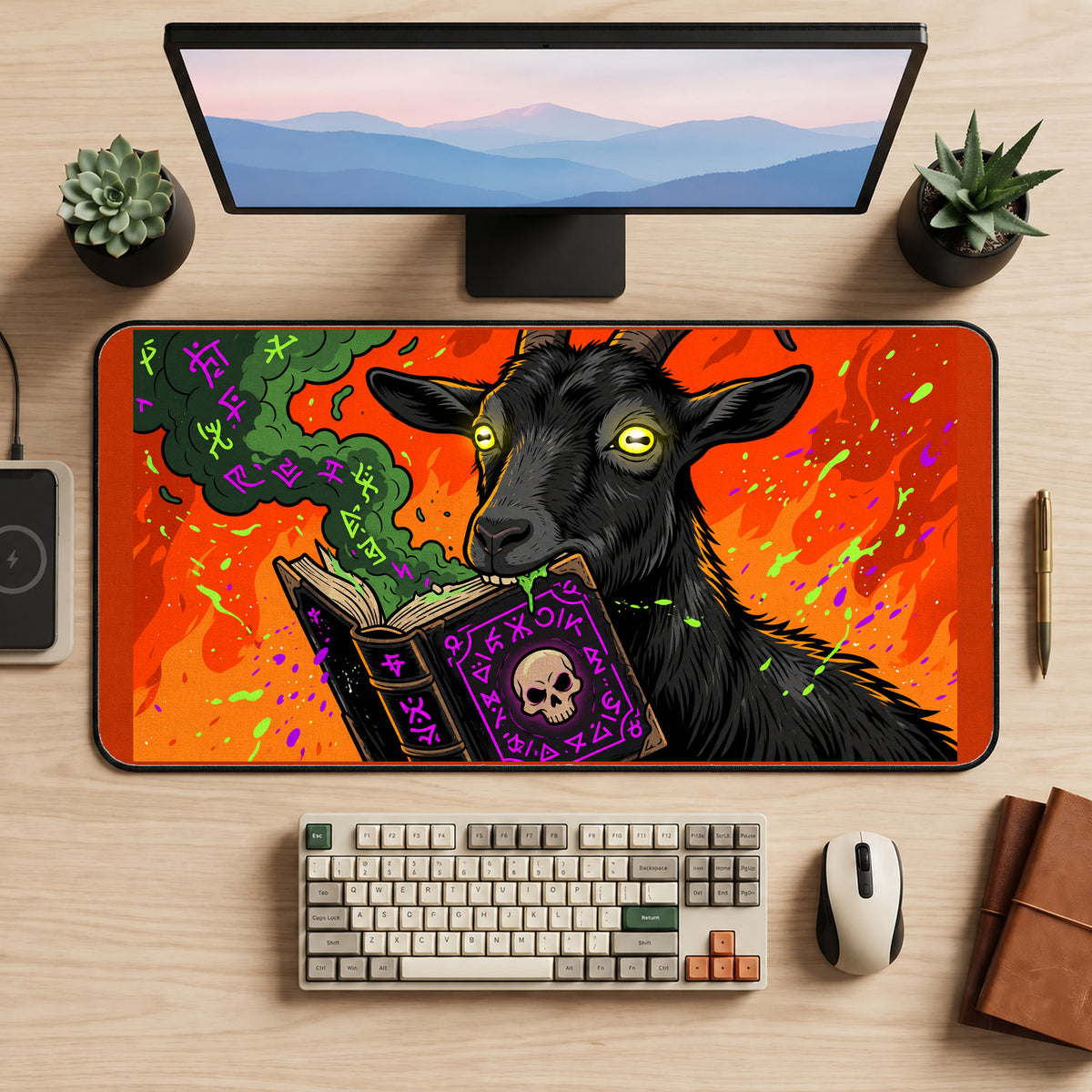 Black Goat Eating a Spellbook desk mat — product mockup 2