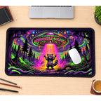 Raccoon beneath a Neon UFO desk mat — product mockup 1