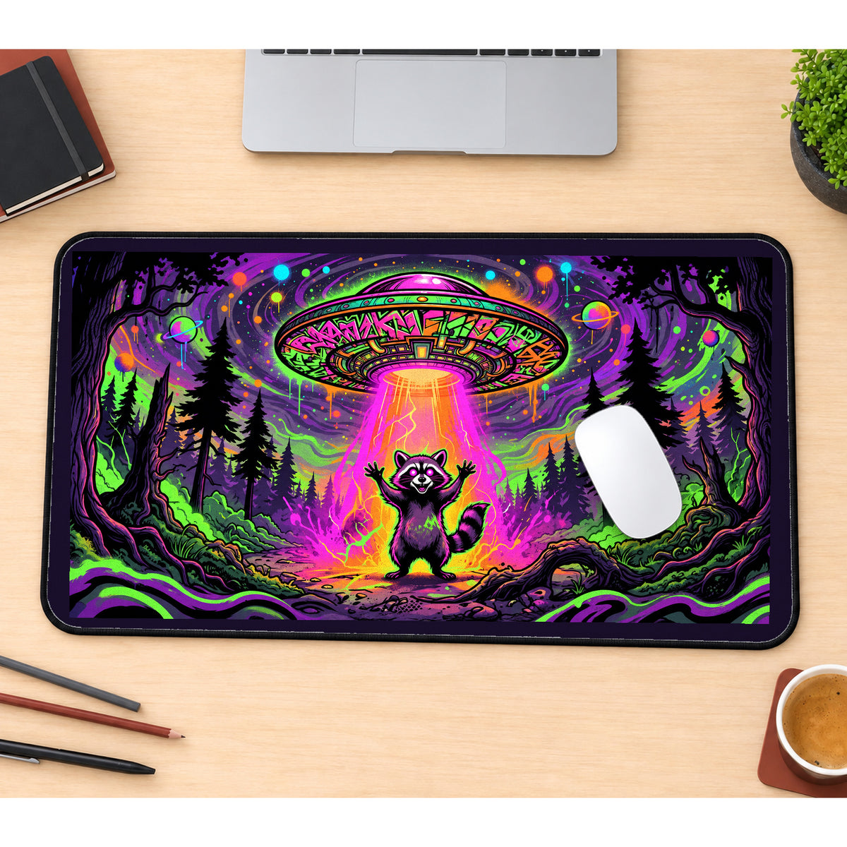 Raccoon beneath a Neon UFO desk mat — product mockup 1