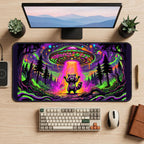 Raccoon beneath a Neon UFO desk mat — product mockup 2