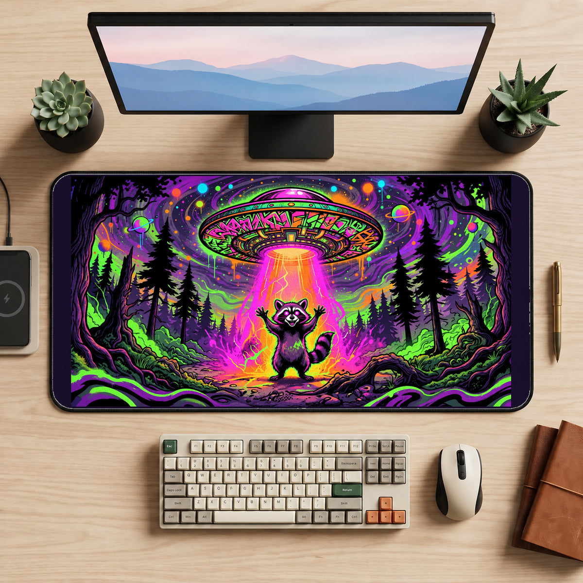 Raccoon beneath a Neon UFO desk mat — product mockup 2