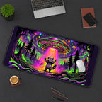 Raccoon beneath a Neon UFO desk mat — product mockup 3