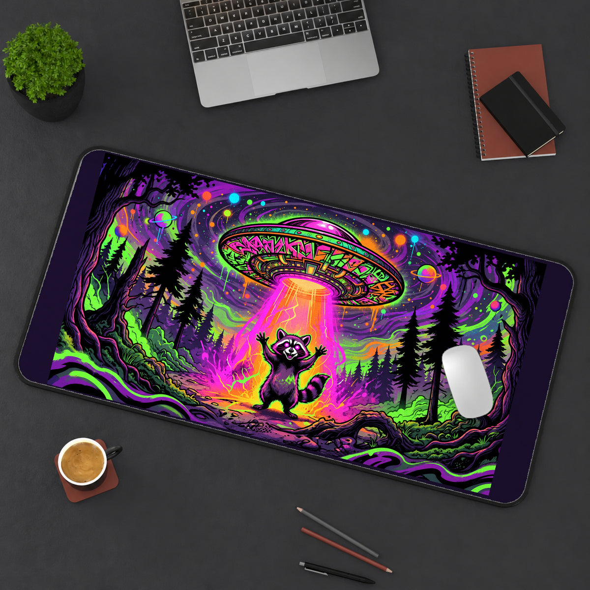Raccoon beneath a Neon UFO desk mat — product mockup 3