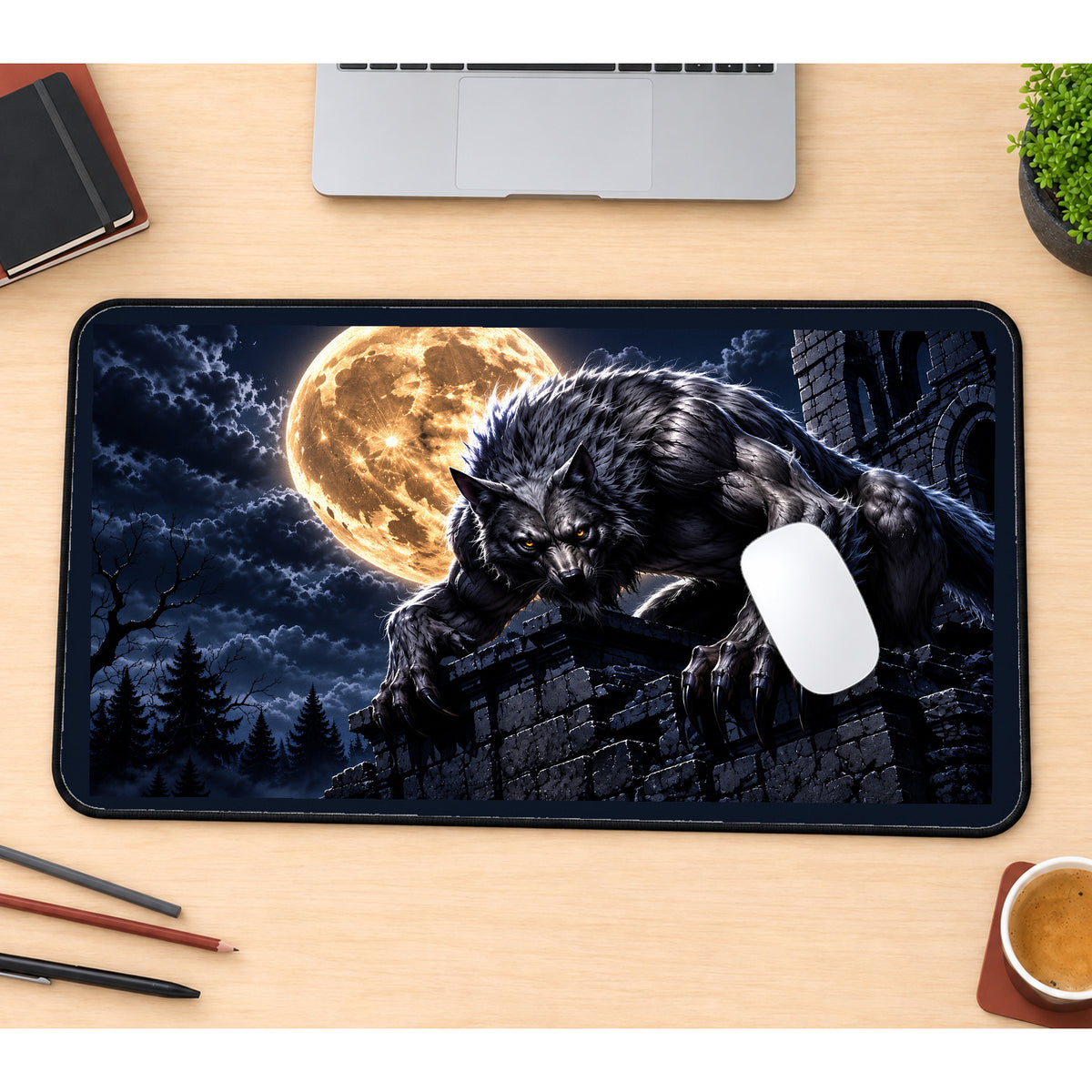 Werewolf beneath a Golden Moon desk mat — product mockup 1