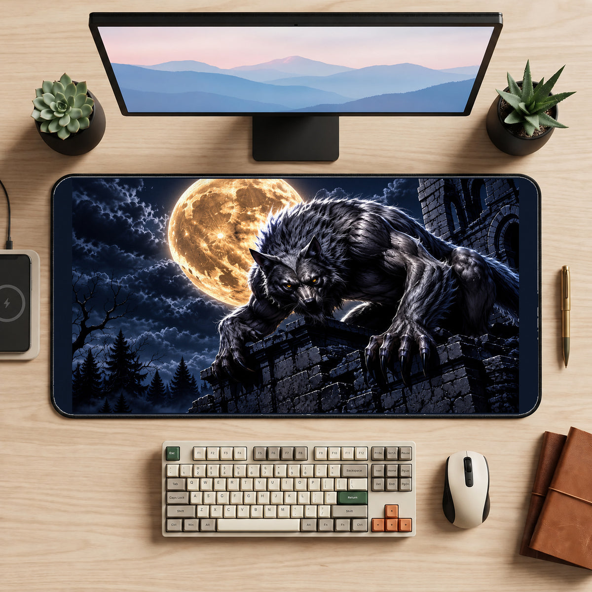 Werewolf beneath a Golden Moon desk mat — product mockup 2