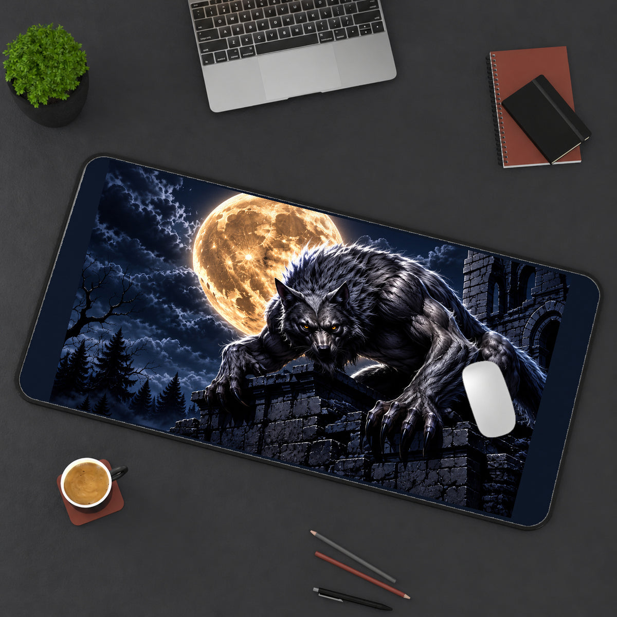 Werewolf beneath a Golden Moon desk mat — product mockup 3