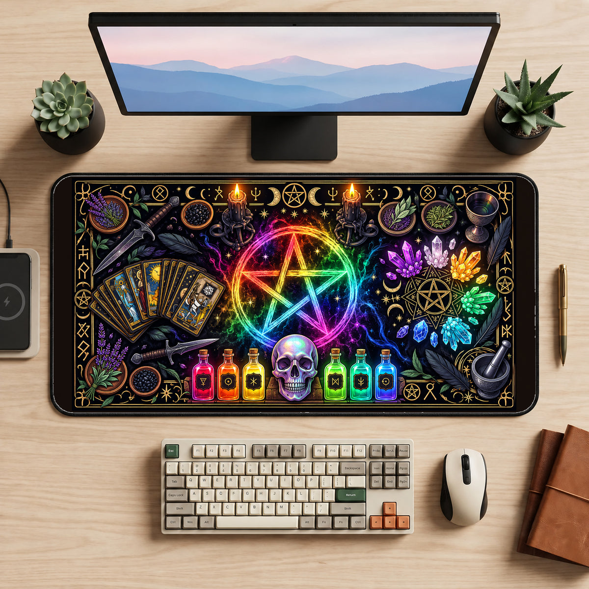 Rainbow Pentagram Witch Altar desk mat — product mockup 2