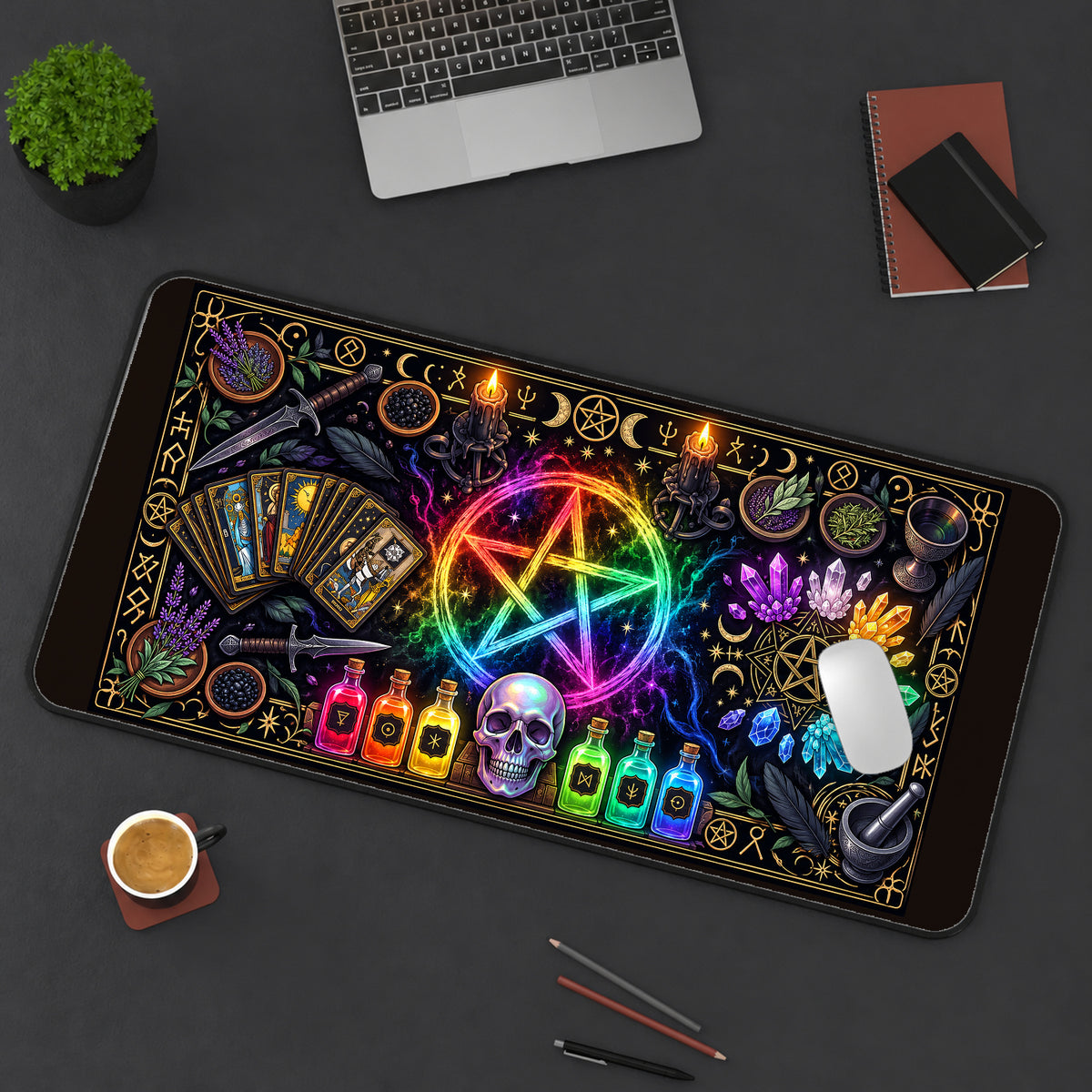 Rainbow Pentagram Witch Altar desk mat — product mockup 3
