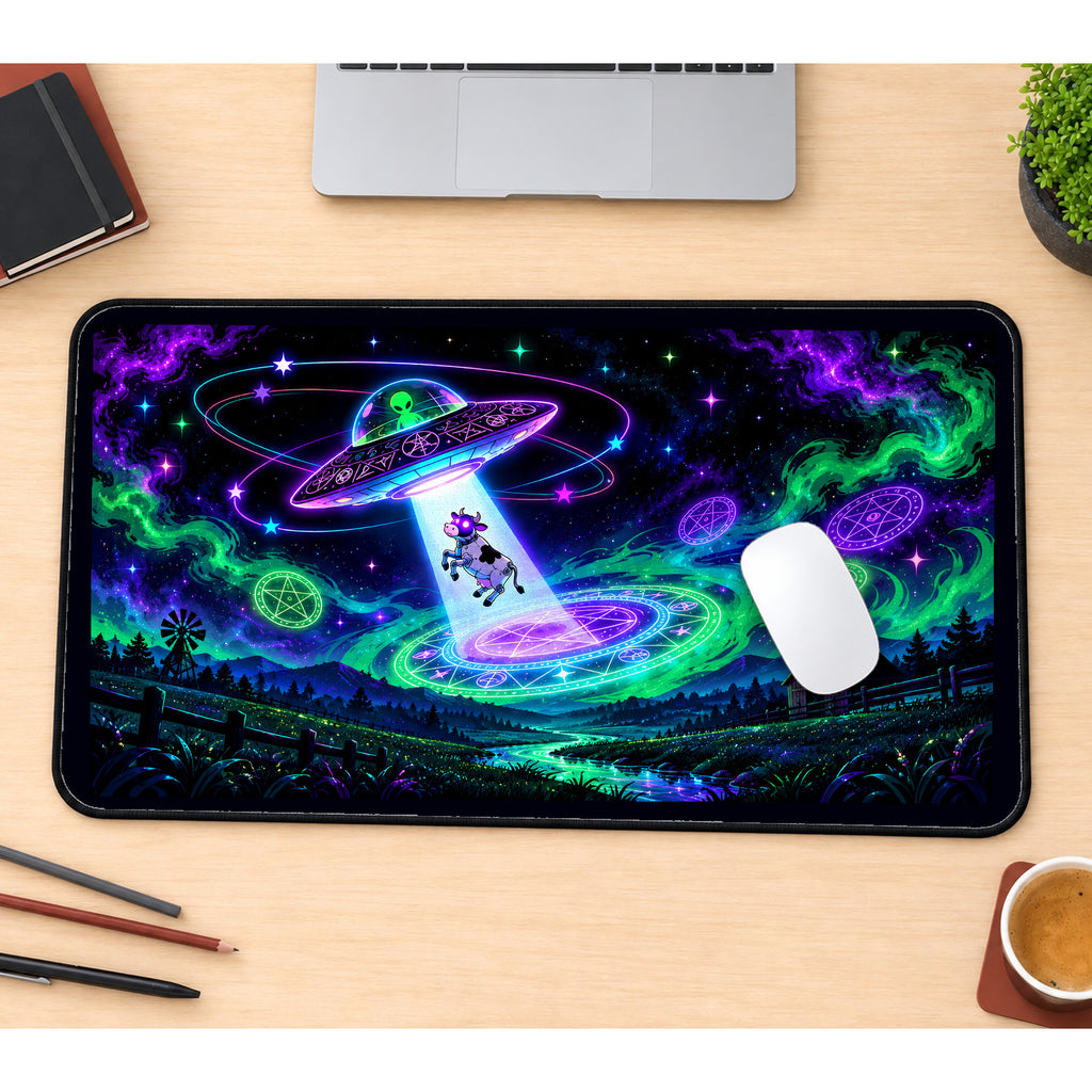 Cow in a Neon UFO Beam desk mat — product mockup 1