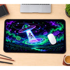 Cow in a Neon UFO Beam desk mat — product mockup 1