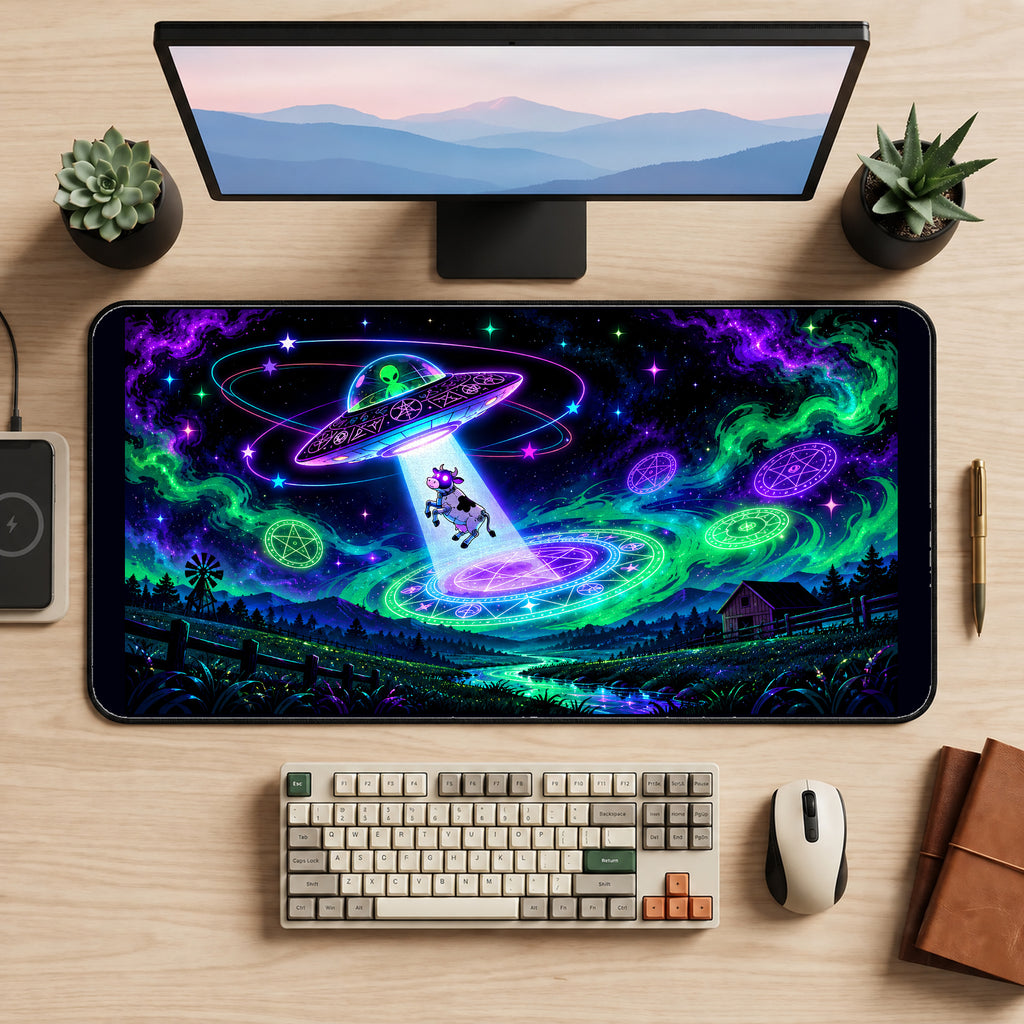 Cow in a Neon UFO Beam desk mat — product mockup 2