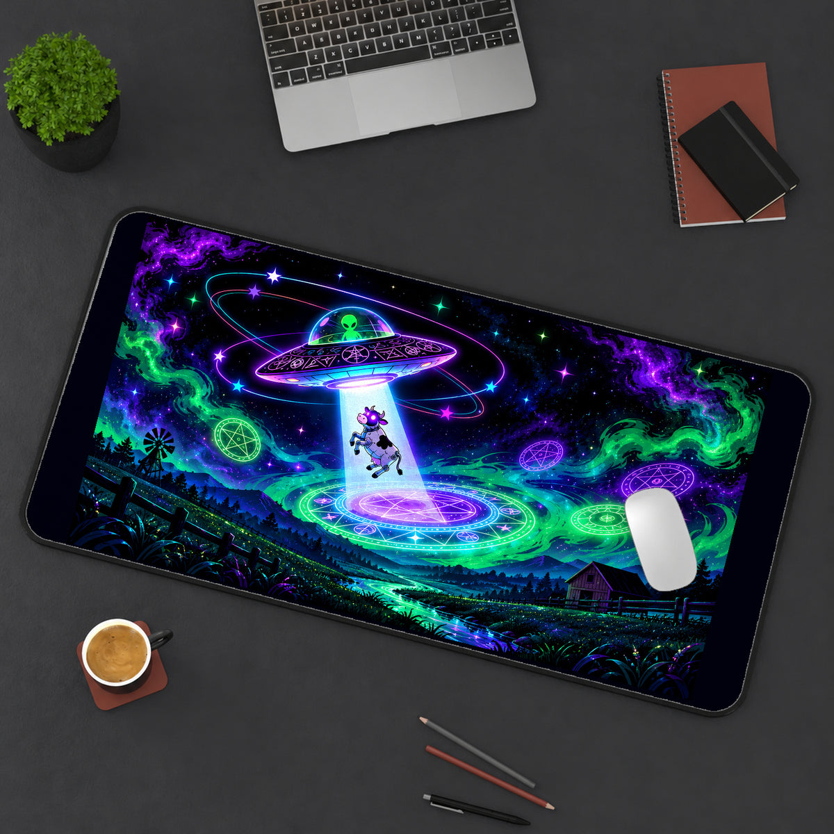 Cow in a Neon UFO Beam desk mat — product mockup 3