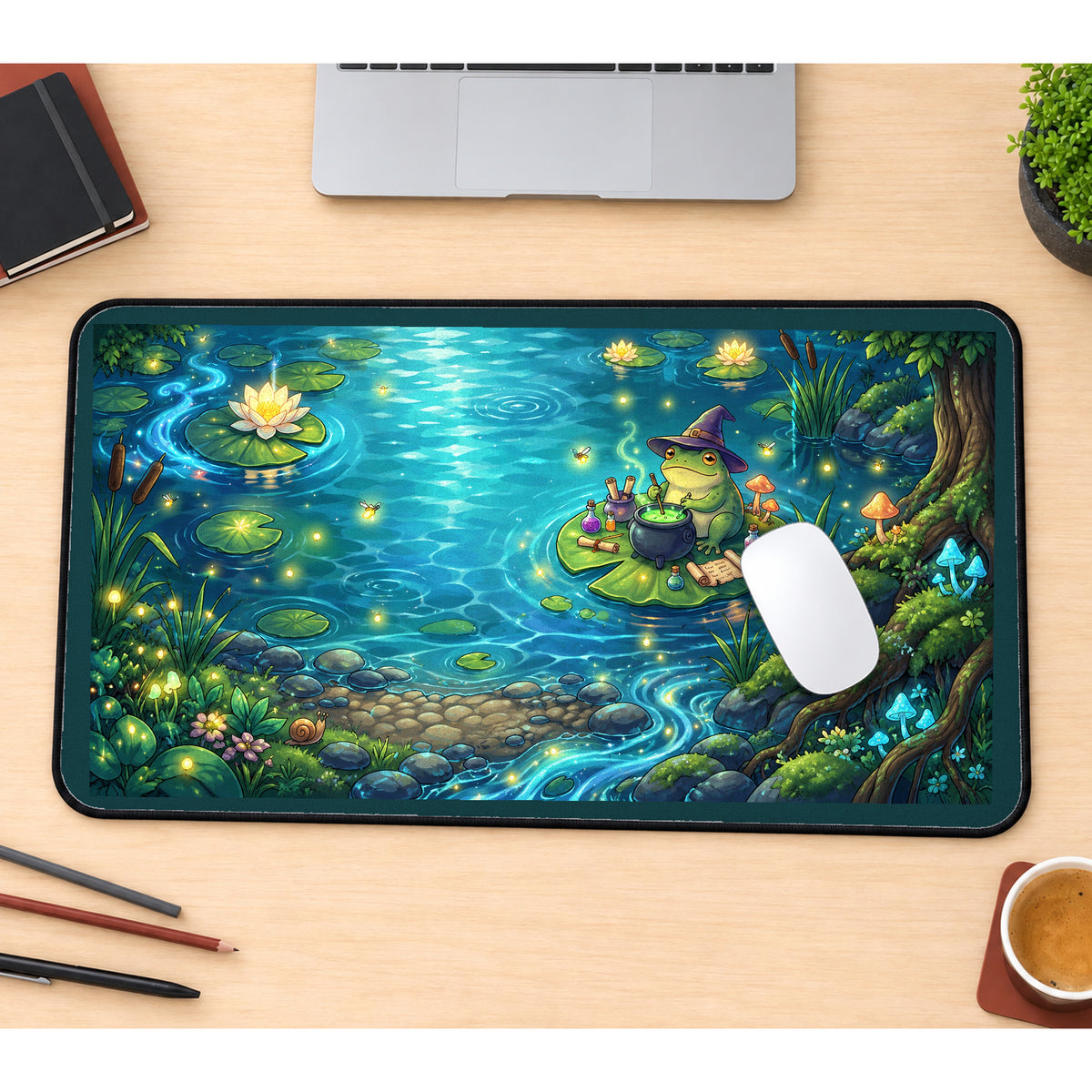Wizard Frog at a Glowing Pond desk mat — product mockup 1