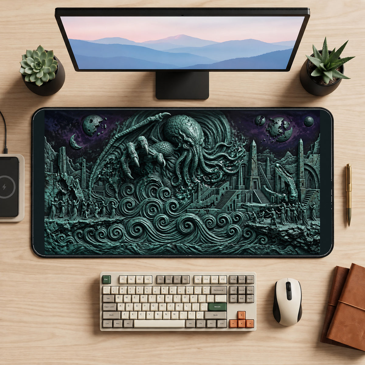 Ancient Tentacled Relief City desk mat — product mockup 2