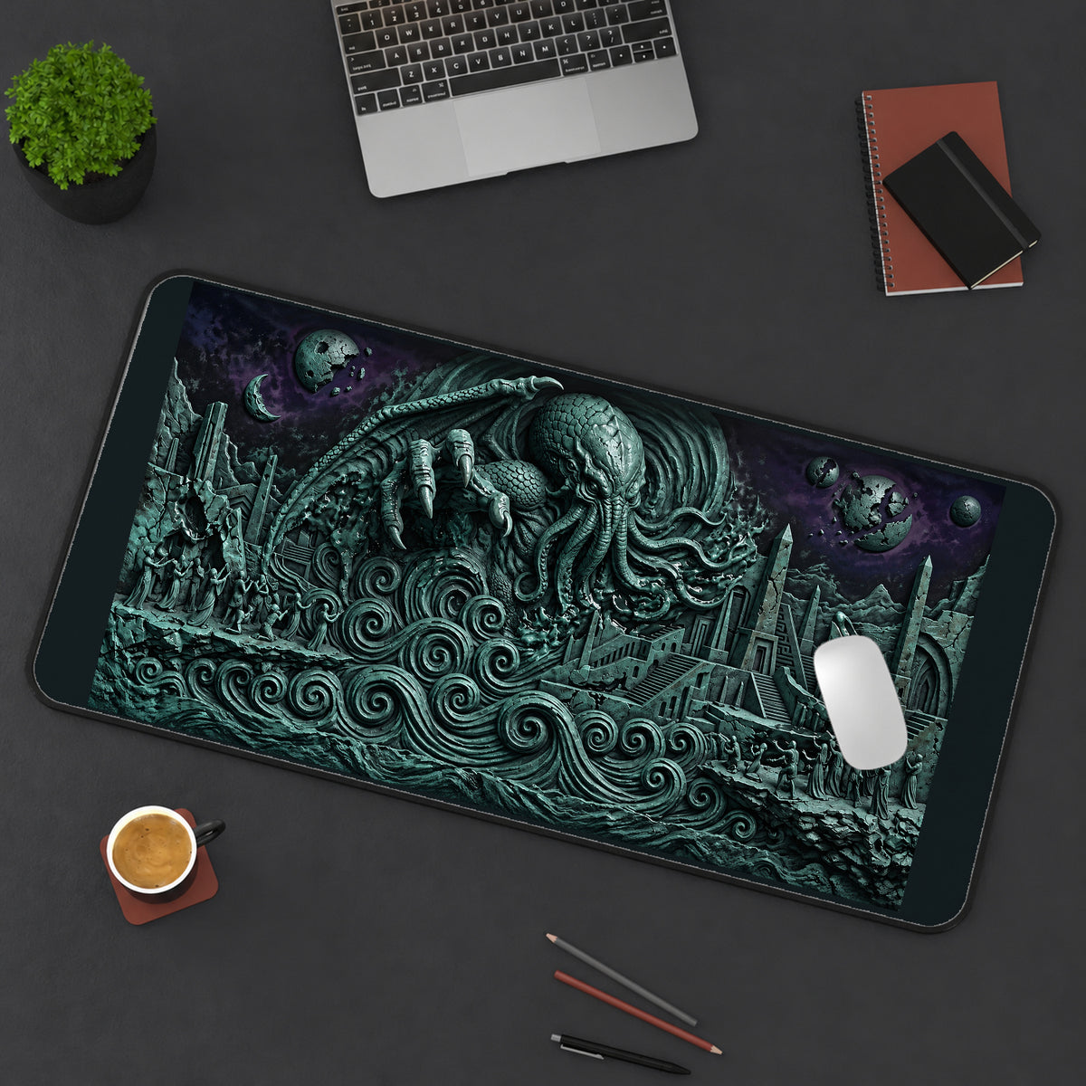Ancient Tentacled Relief City desk mat — product mockup 3