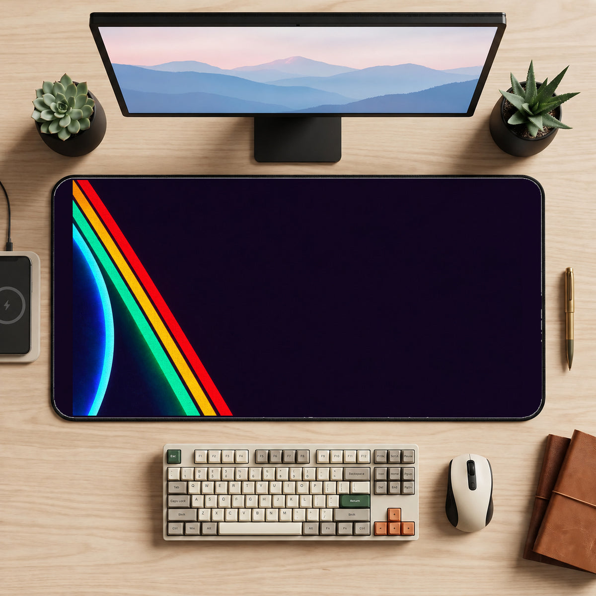 Rainbow Diagonal Arc on Black desk mat — product mockup 2
