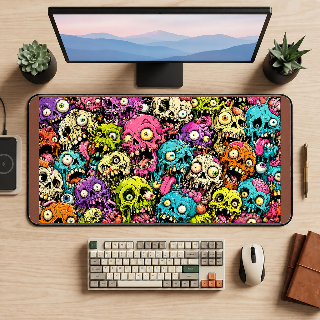 Colorful Melting Zombie Skull Pattern desk mat — product mockup 2