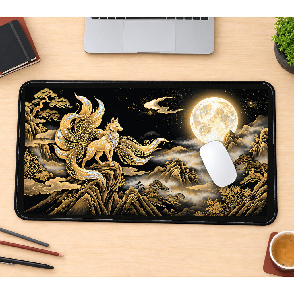 Golden Nine Tailed Fox at the Moon desk mat — product mockup 1