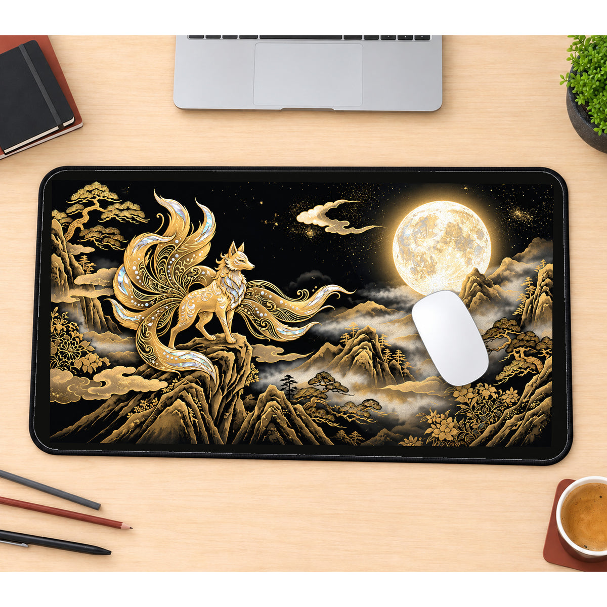 Golden Nine Tailed Fox at the Moon desk mat — product mockup 1