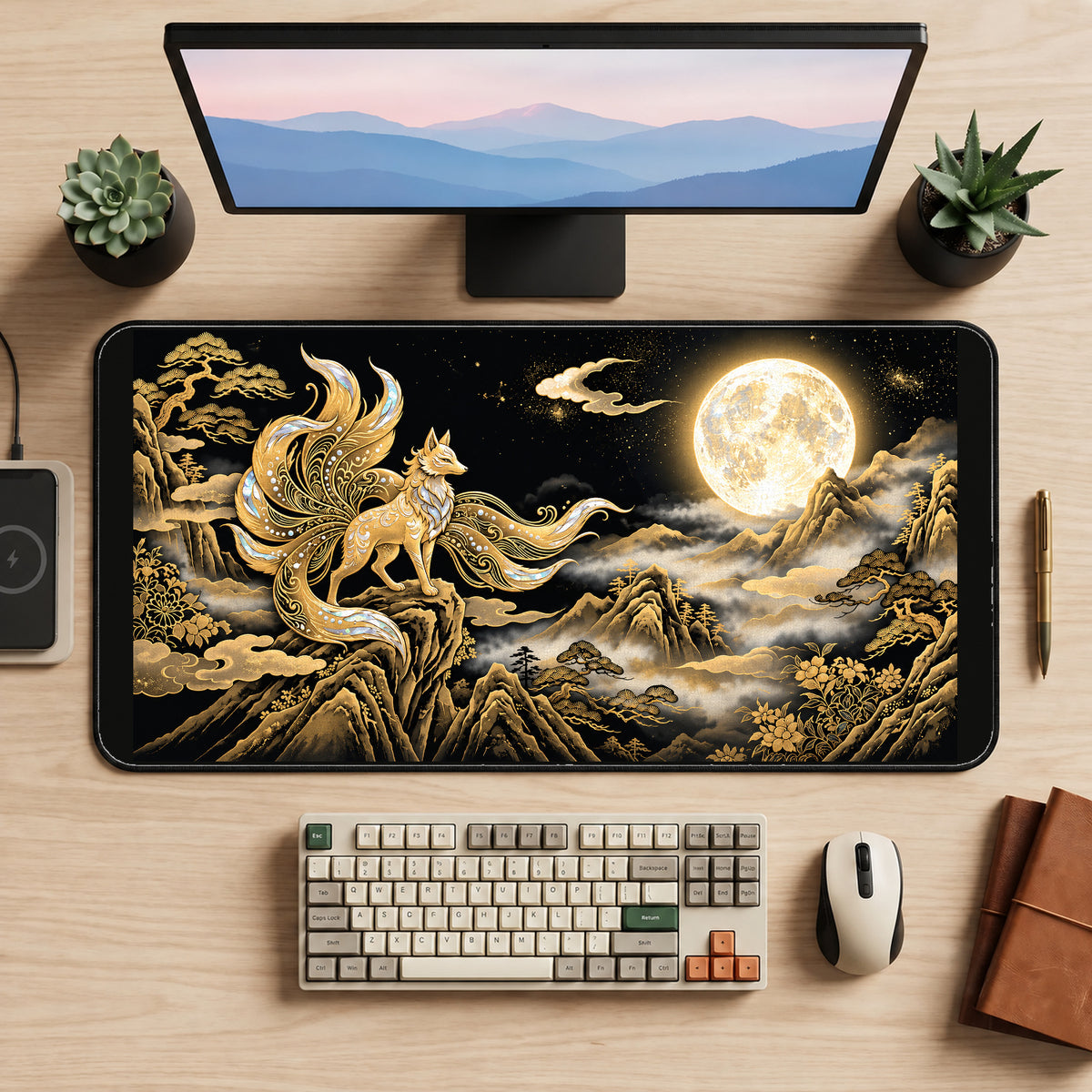 Golden Nine Tailed Fox at the Moon desk mat — product mockup 2