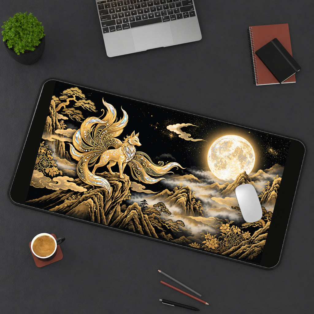 Golden Nine Tailed Fox at the Moon desk mat — product mockup 3