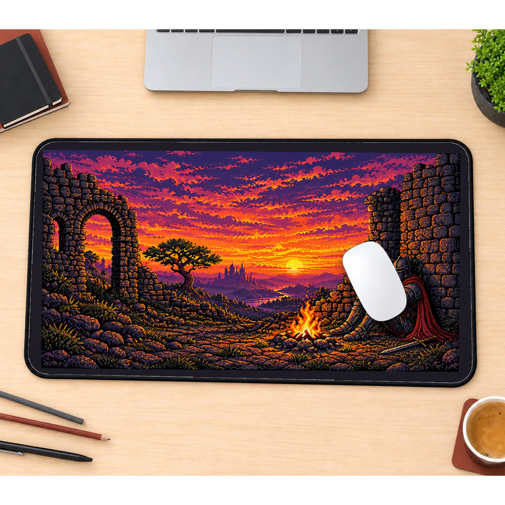 Pixel Knight by a Sunset Campfire desk mat — product mockup 1