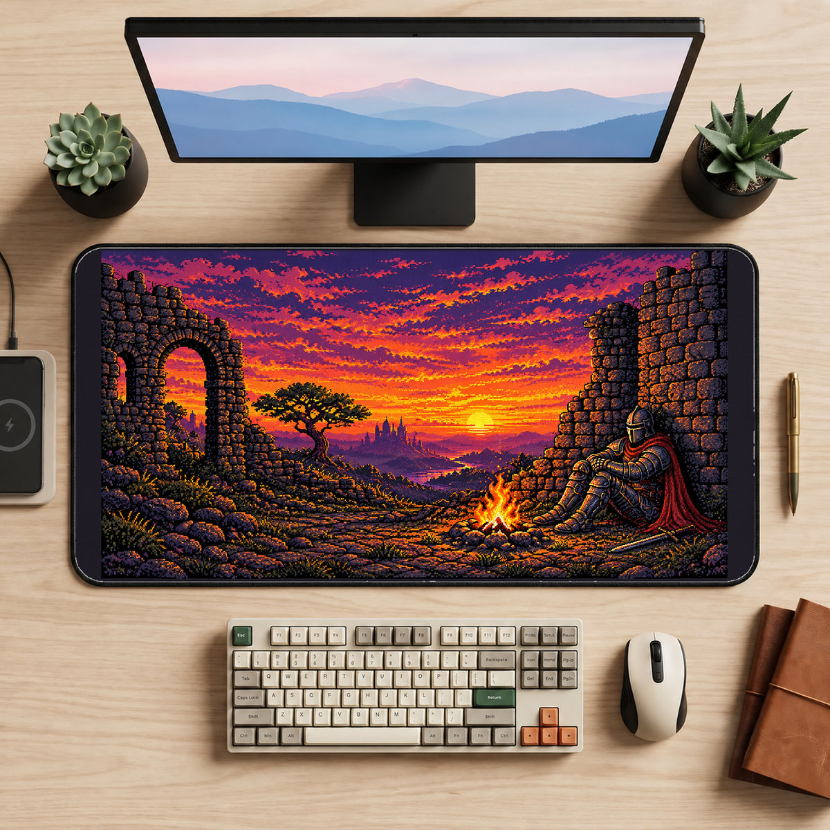 Pixel Knight by a Sunset Campfire desk mat — product mockup 2