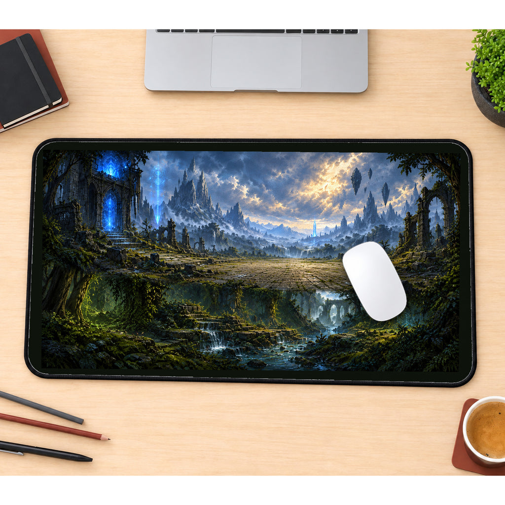 Floating Ruins above a Reflective Lake desk mat — product mockup 1