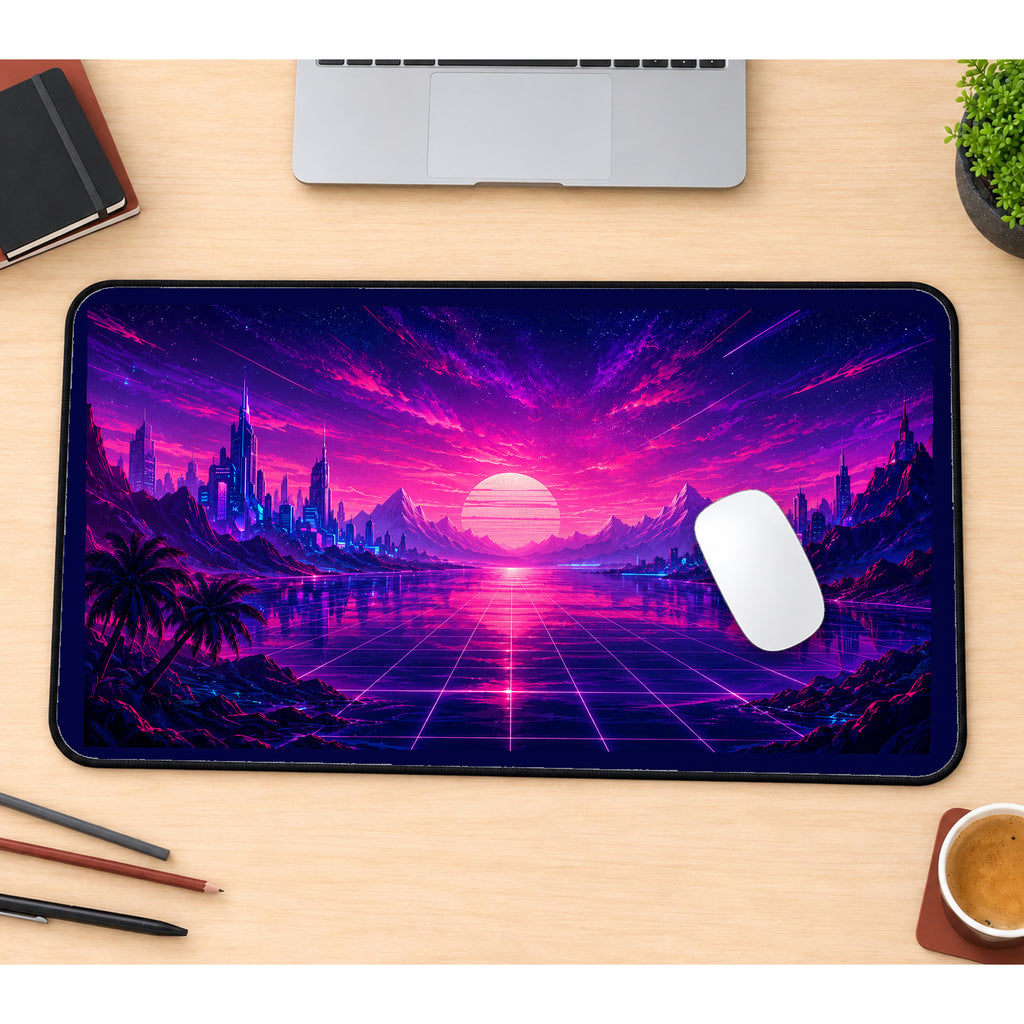 Pink Synthwave Mountain Grid desk mat — product mockup 1
