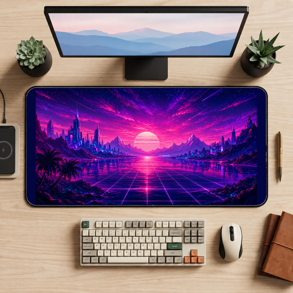 Pink Synthwave Mountain Grid desk mat — product mockup 2