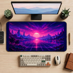 Pink Synthwave Mountain Grid desk mat — product mockup 2