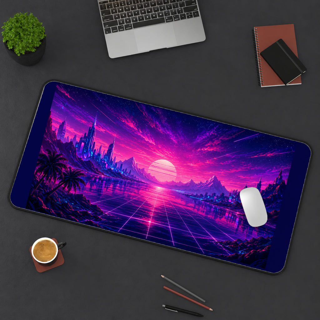 Pink Synthwave Mountain Grid desk mat — product mockup 3