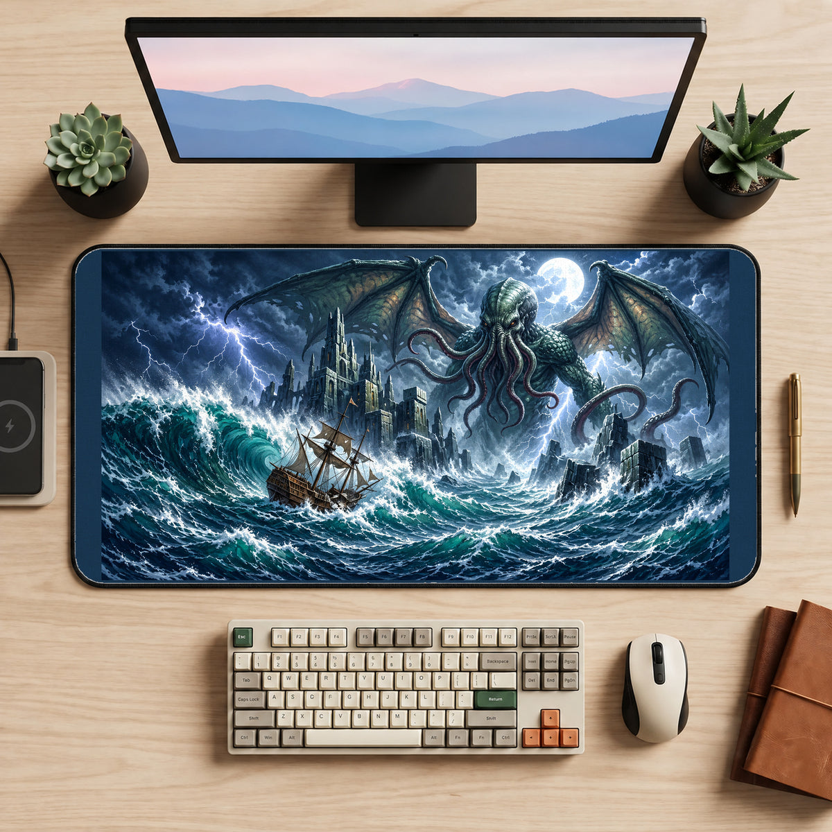Tentacled Giant in a Stormy Sea desk mat — product mockup 2