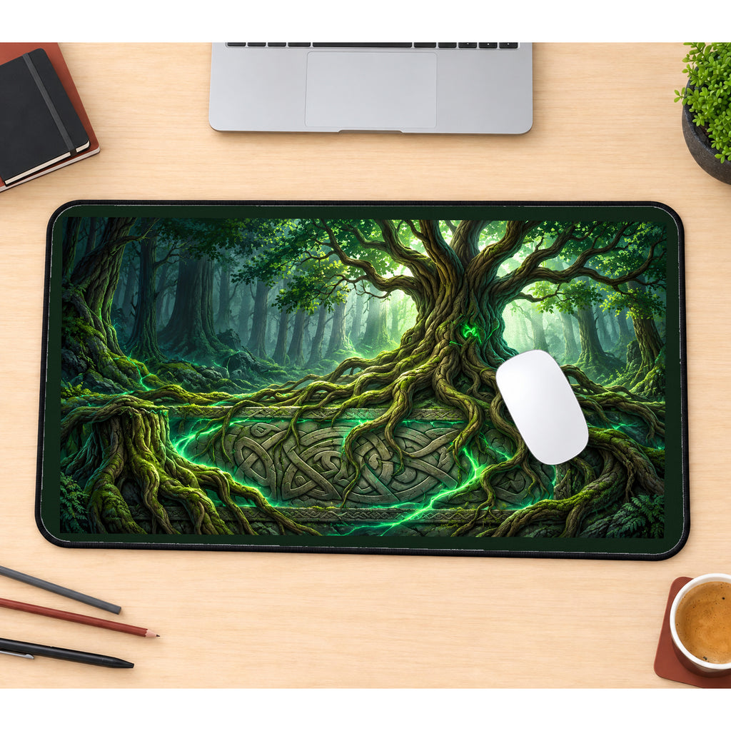 Ancient Tree with Glowing Green Roots desk mat — product mockup 1