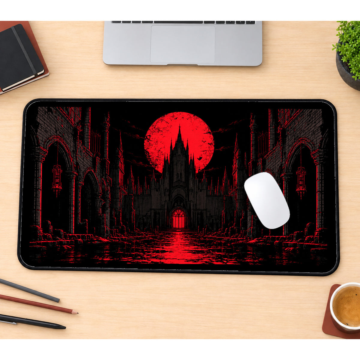 Gothic Red Moon Castle desk mat — product mockup 1