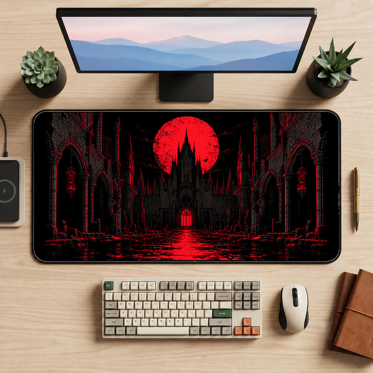 Gothic Red Moon Castle desk mat — product mockup 2