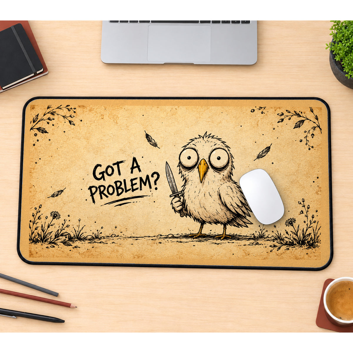 Funny Owl with a Tiny Knife desk mat — product mockup 1