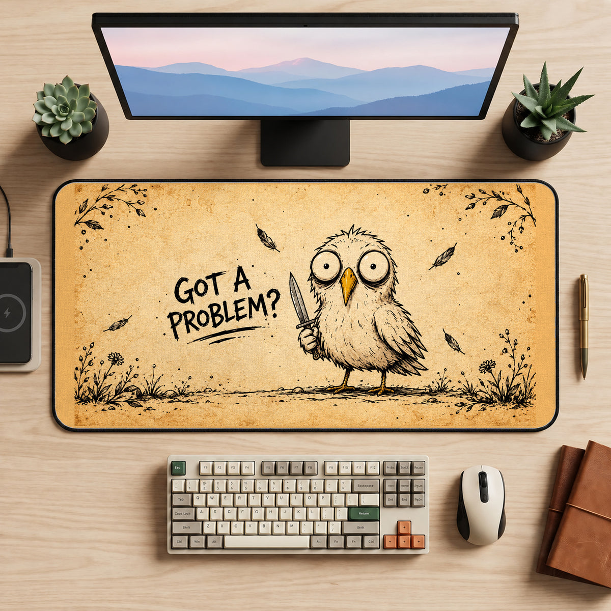 Funny Owl with a Tiny Knife desk mat — product mockup 2