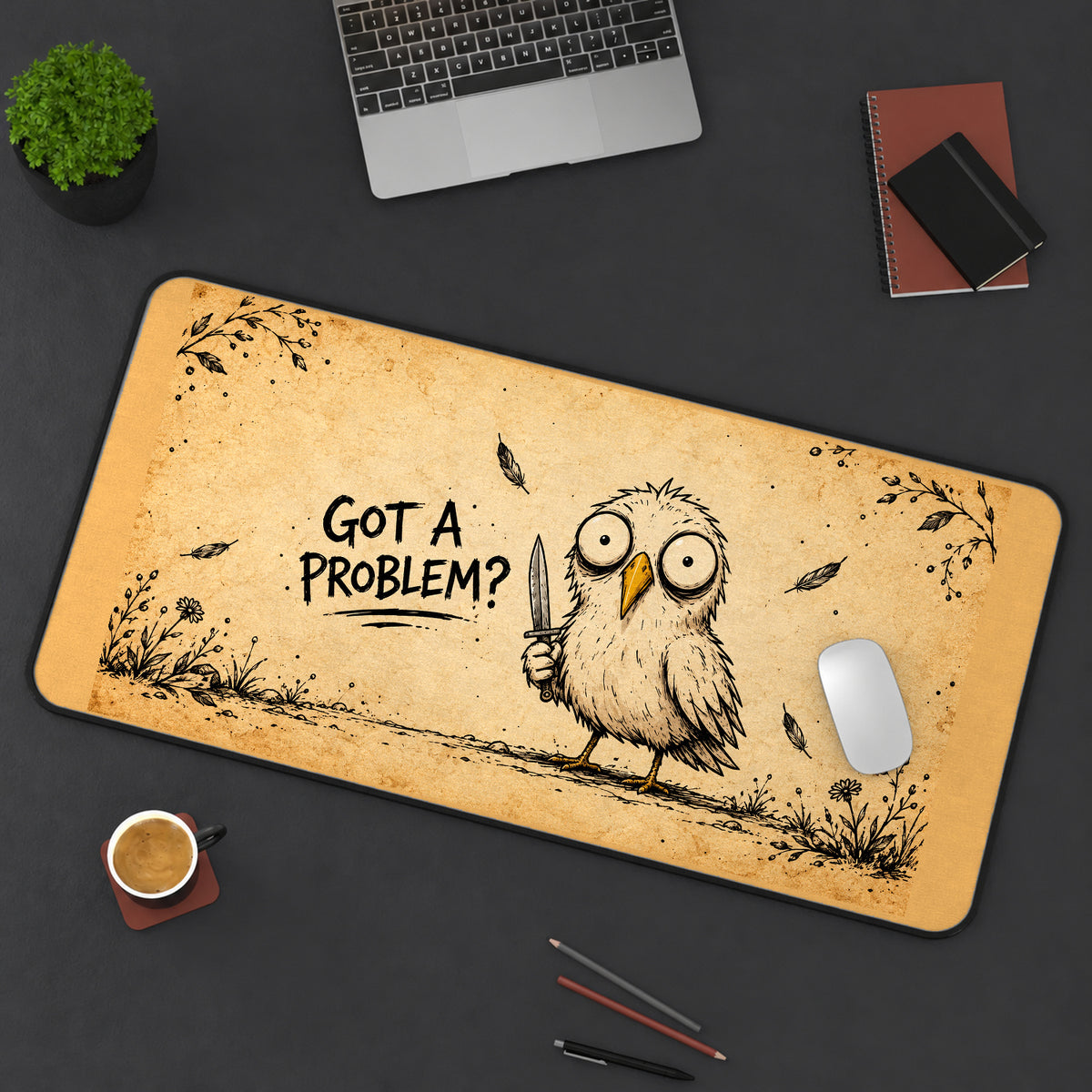 Funny Owl with a Tiny Knife desk mat — product mockup 3
